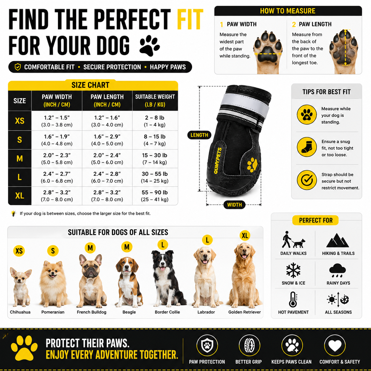 Water-Resistant Dog Boots & Paw Protectors – Anti-Slip Shoes for Hot Pavement, Snow, Rain & Outdoor Adventures