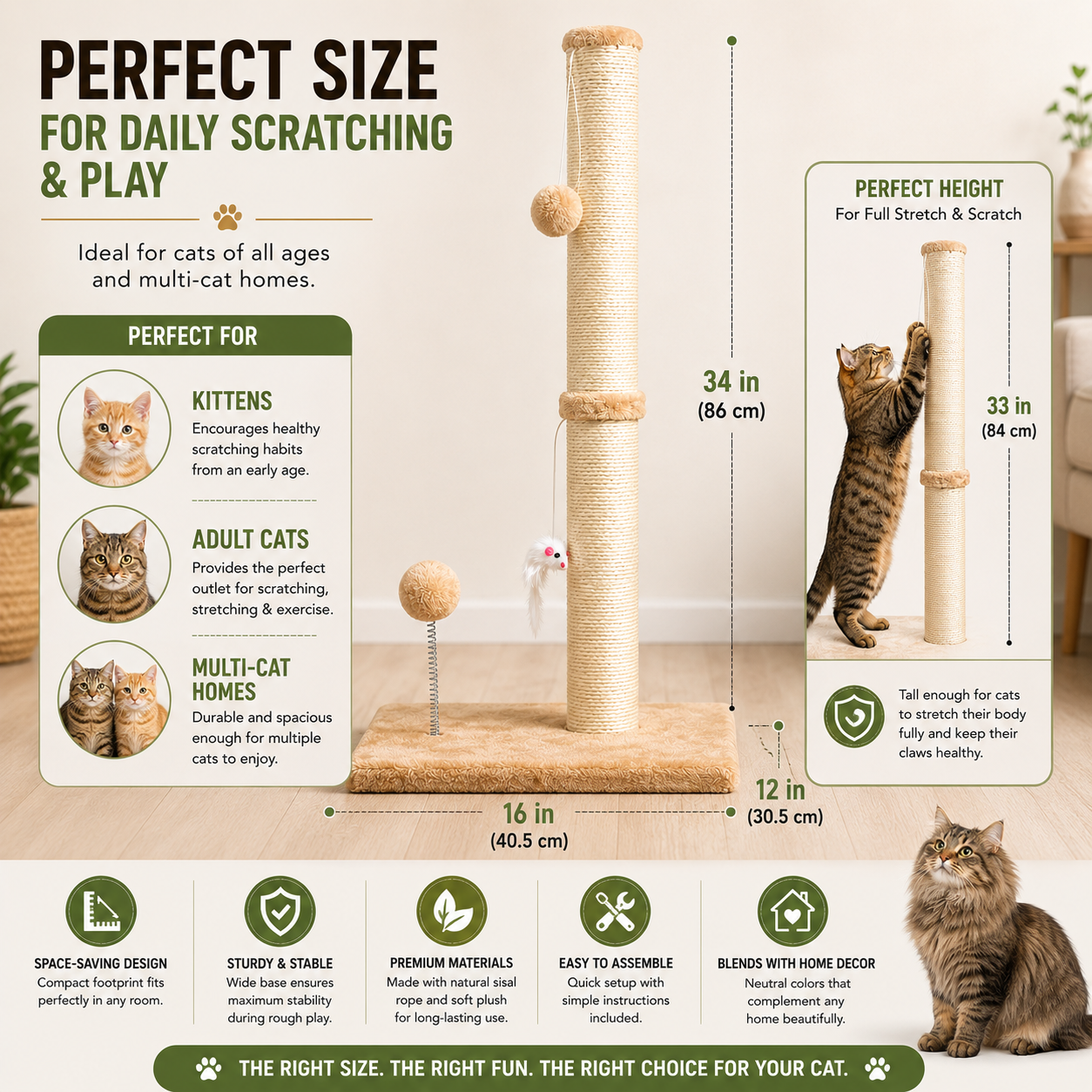 32" Tall Cat Scratching Post with Plush Toys – Heavy-Duty Sisal Scratcher for Indoor Cats, Stable Base & Furniture Protection