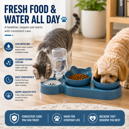 3-in-1 Automatic Cat Feeder & Water Fountain Bowl – Raised Rotatable Double Food Bowls with Automatic Water Dispenser