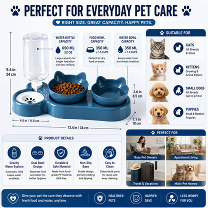 3-in-1 Automatic Cat Feeder & Water Fountain Bowl – Raised Rotatable Double Food Bowls with Automatic Water Dispenser