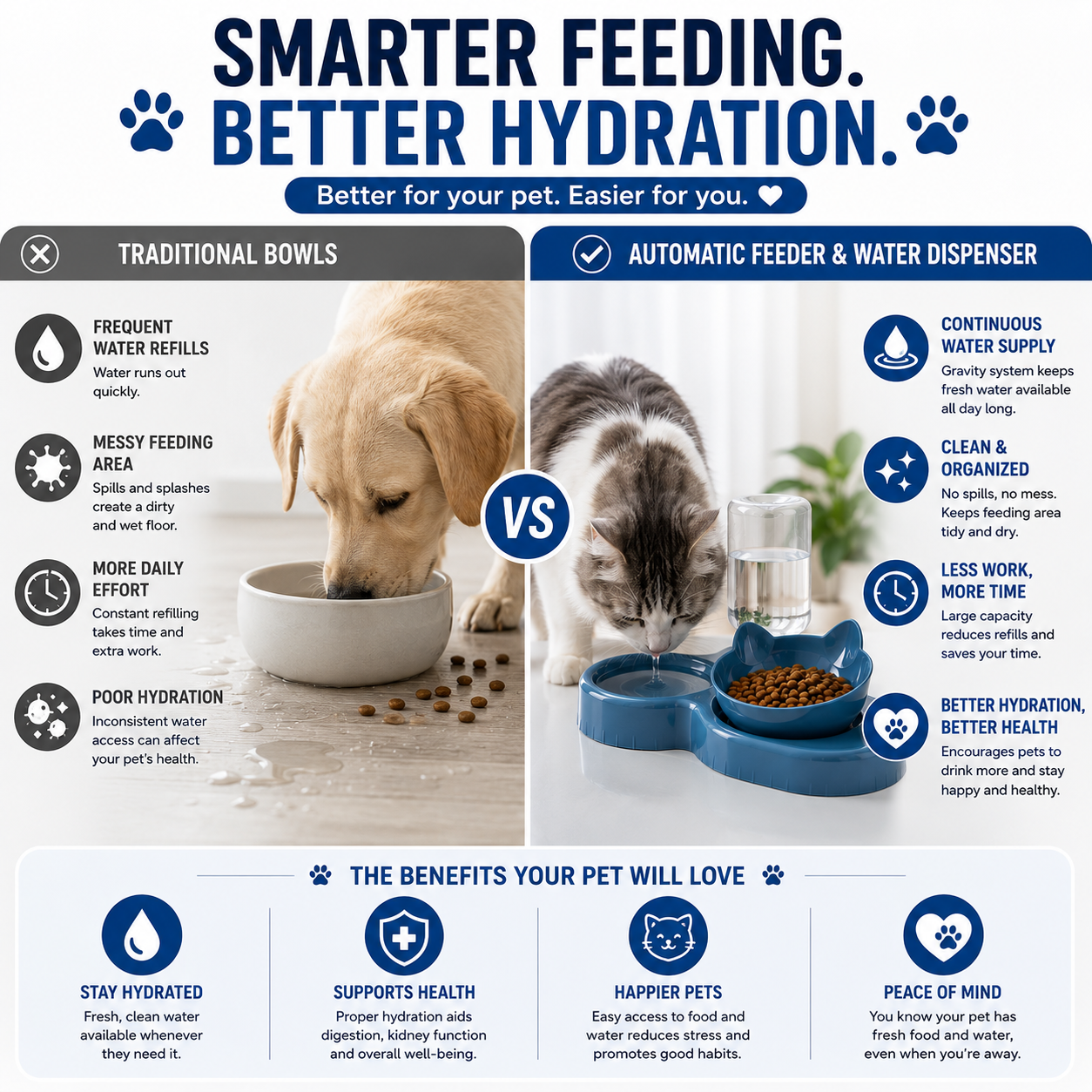 3-in-1 Automatic Cat Feeder & Water Fountain Bowl – Raised Rotatable Double Food Bowls with Automatic Water Dispenser