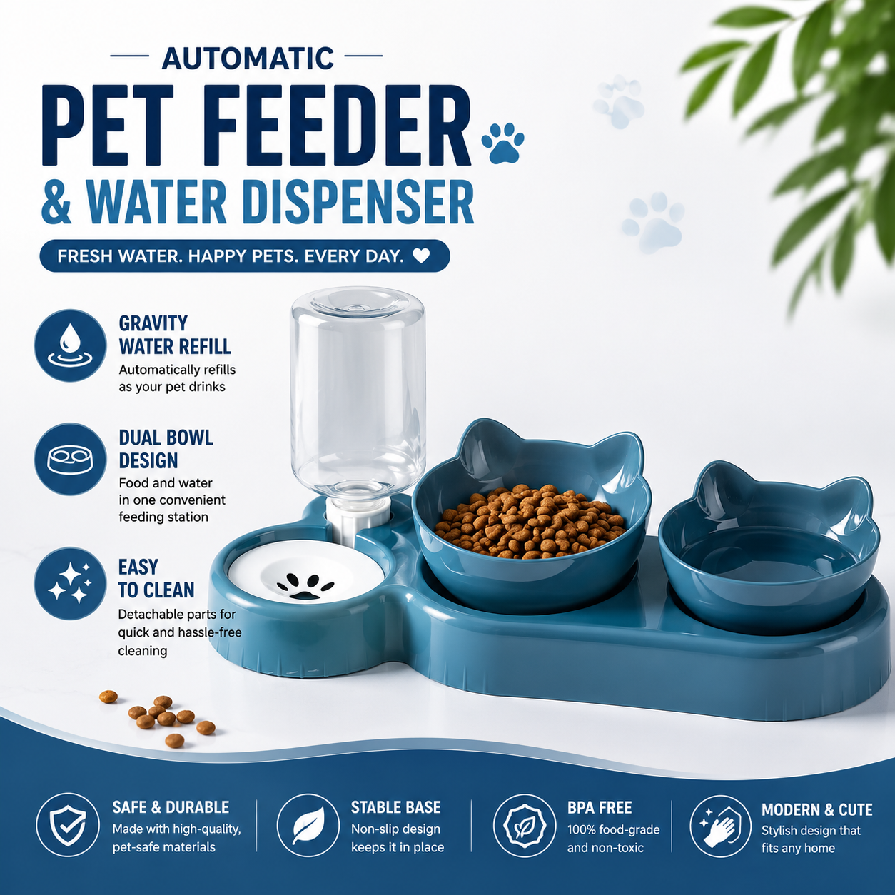 3-in-1 Automatic Cat Feeder & Water Fountain Bowl – Raised Rotatable Double Food Bowls with Automatic Water Dispenser