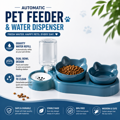 3-in-1 Automatic Cat Feeder & Water Fountain Bowl – Raised Rotatable Double Food Bowls with Automatic Water Dispenser