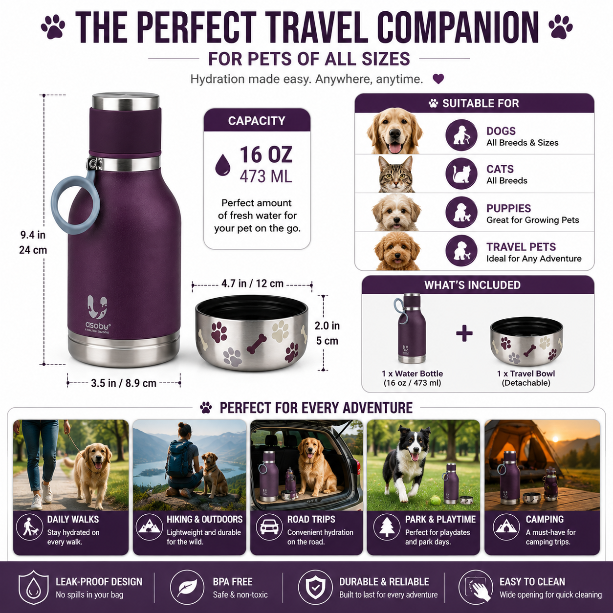 Buddy Bottle™ Insulated Pet Water Bottle – Stainless Steel Travel Bottle with Removable Dog Water Bowl & Treat Storage Container (37oz)