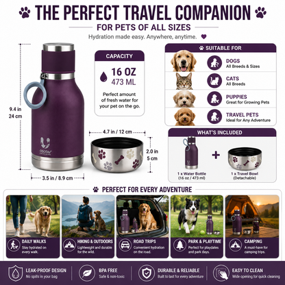 Buddy Bottle™ Insulated Pet Water Bottle – Stainless Steel Travel Bottle with Removable Dog Water Bowl & Treat Storage Container (37oz)