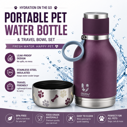 Buddy Bottle™ Insulated Pet Water Bottle – Stainless Steel Travel Bottle with Removable Dog Water Bowl & Treat Storage Container (37oz)