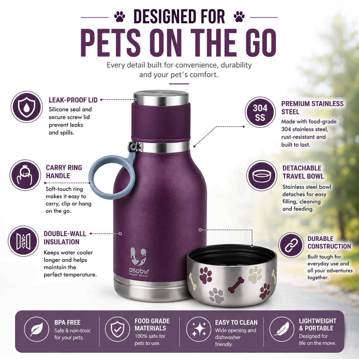 Buddy Bottle™ Insulated Pet Water Bottle – Stainless Steel Travel Bottle with Removable Dog Water Bowl & Treat Storage Container (37oz)