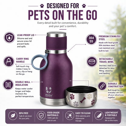 Buddy Bottle™ Insulated Pet Water Bottle – Stainless Steel Travel Bottle with Removable Dog Water Bowl & Treat Storage Container (37oz)