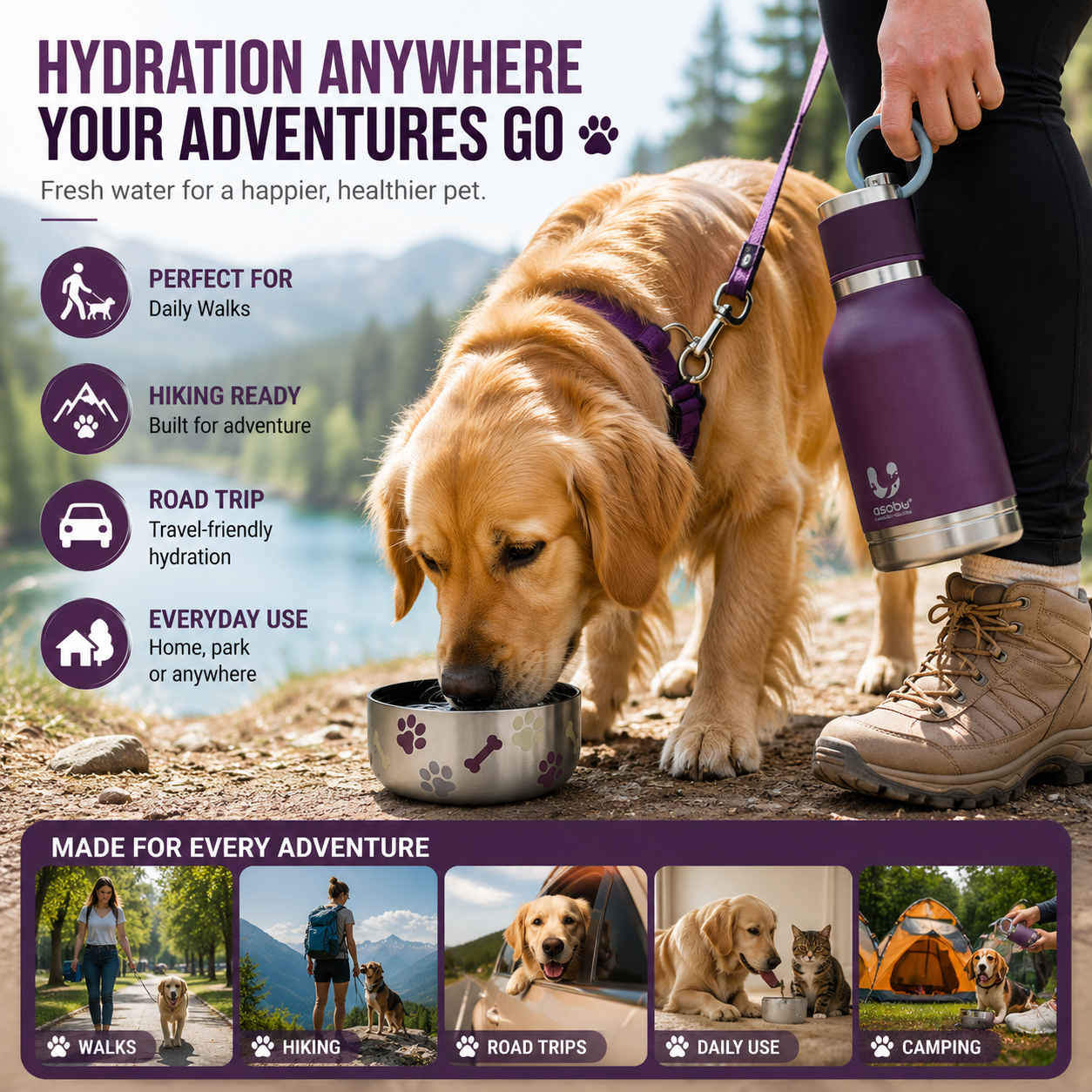 Buddy Bottle™ Insulated Pet Water Bottle – Stainless Steel Travel Bottle with Removable Dog Water Bowl & Treat Storage Container (37oz)