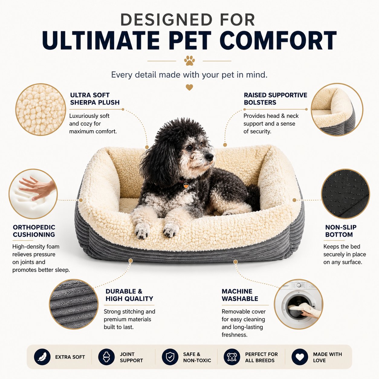 Self-Warming Pet Bed for Cats & Small Dogs – Ultra-Soft Thermal Sleeping Bed with Non-Slip Base, Cozy Sherpa Fleece Cushion