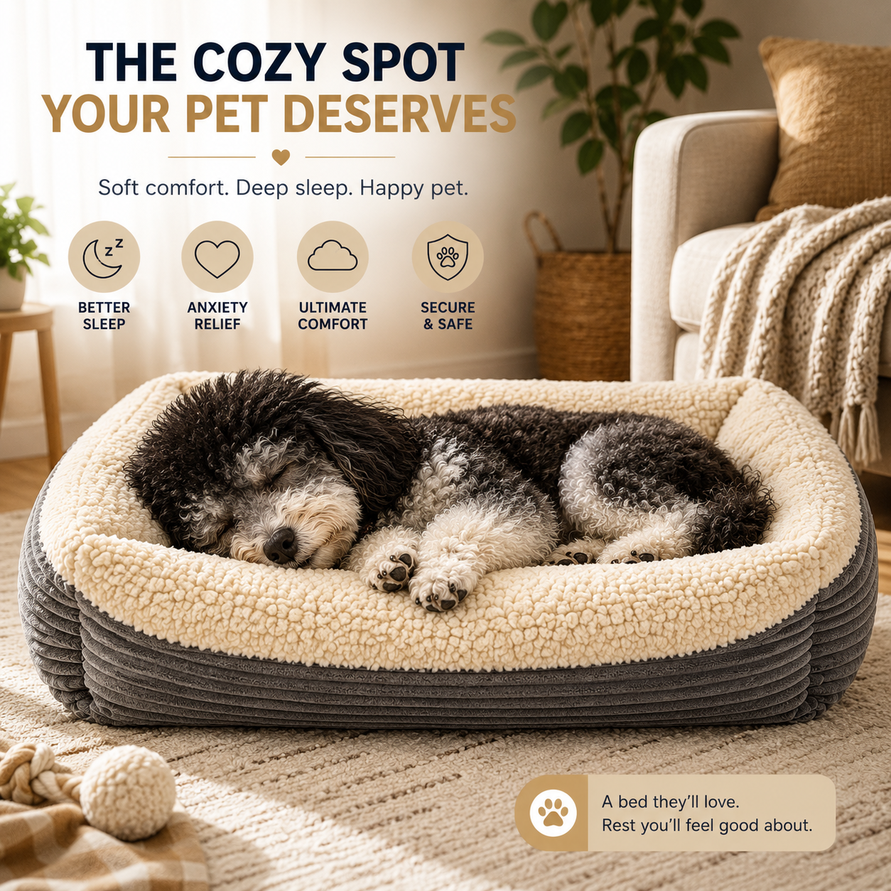 Self-Warming Pet Bed for Cats & Small Dogs – Ultra-Soft Thermal Sleeping Bed with Non-Slip Base, Cozy Sherpa Fleece Cushion