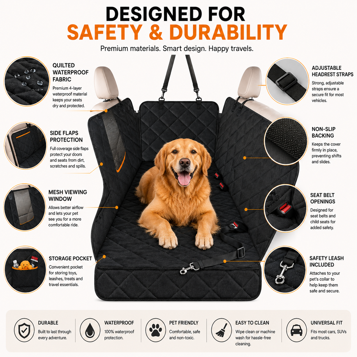 Premium Waterproof Dog Car Seat Cover Hammock – Heavy-Duty Back Seat Protector with Mesh Window, Side Flaps & Non-Slip Design