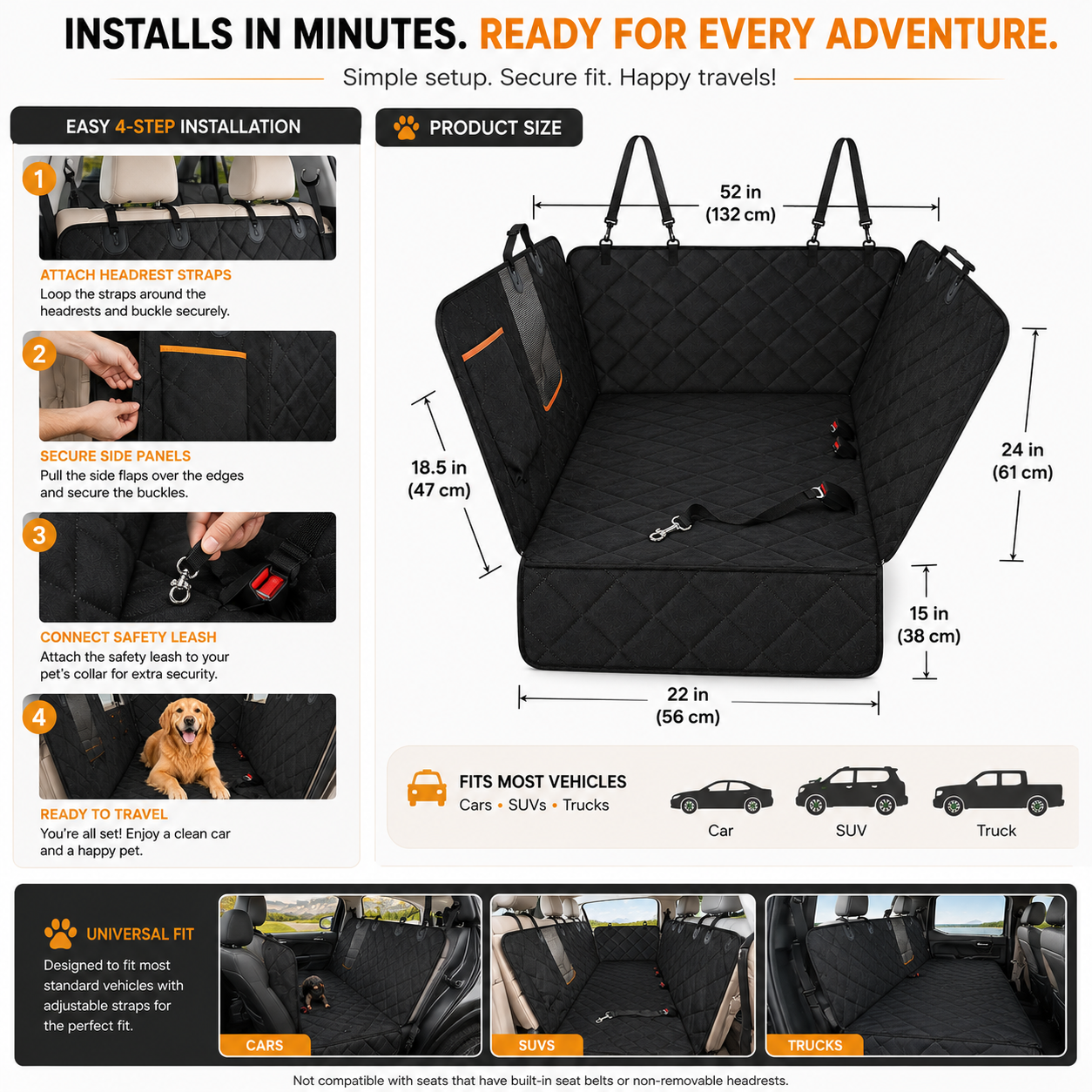 Premium Waterproof Dog Car Seat Cover Hammock – Heavy-Duty Back Seat Protector with Mesh Window, Side Flaps & Non-Slip Design