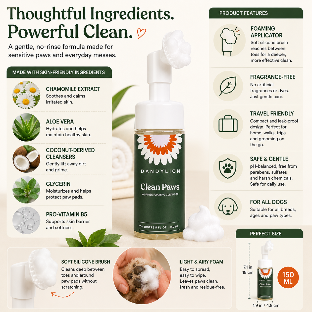 CleanPaws™ No-Rinse Dog Paw Cleaner Foam – Gentle Foaming Paw Wash with Silicone Brush for Clean & Fresh Paws Anywhere