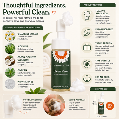 CleanPaws™ No-Rinse Dog Paw Cleaner Foam – Gentle Foaming Paw Wash with Silicone Brush for Clean & Fresh Paws Anywhere