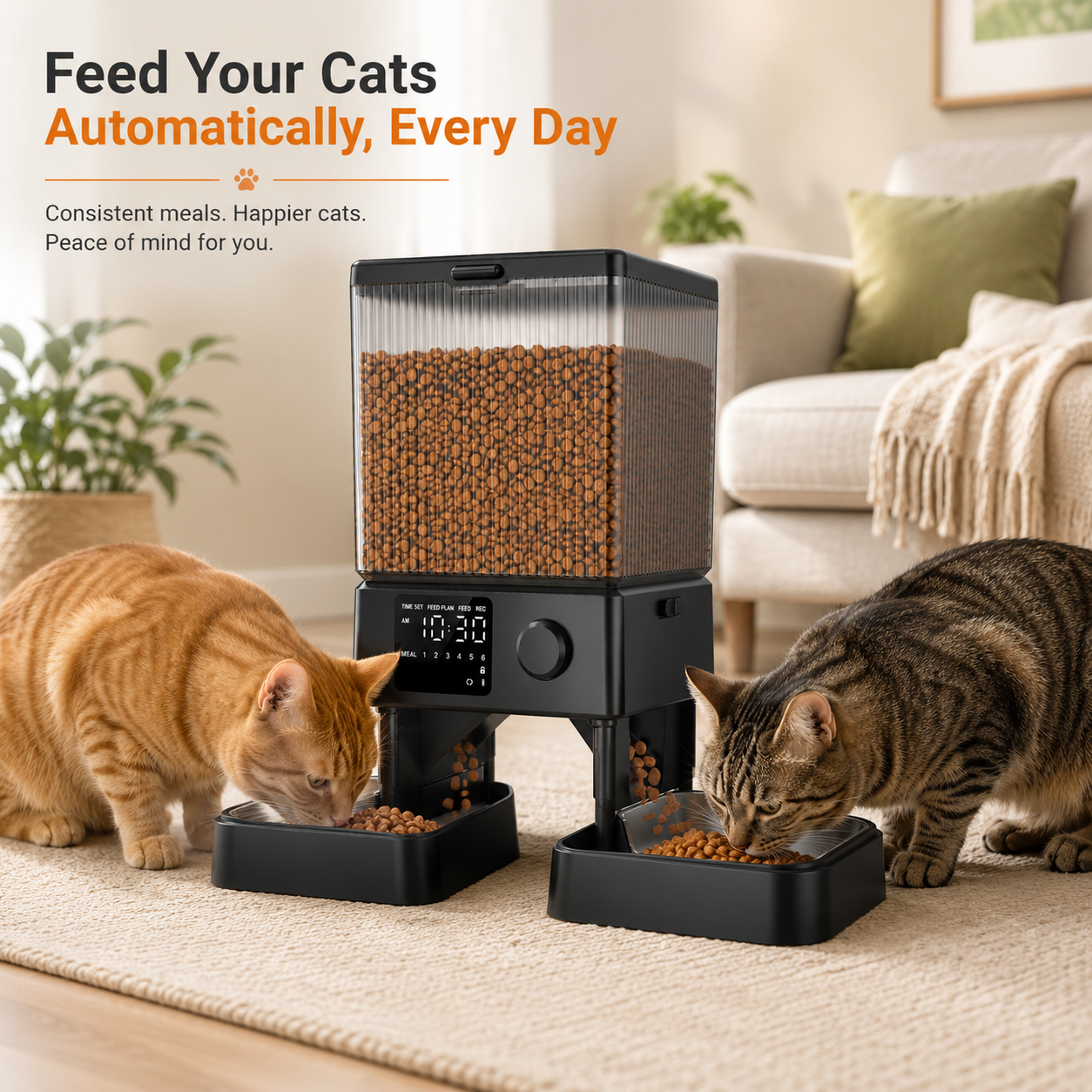 Automatic Cat Feeder for 2 Cats – 5L Timed Food Dispenser with Dual Bowls, Portion Control & Voice Recorder