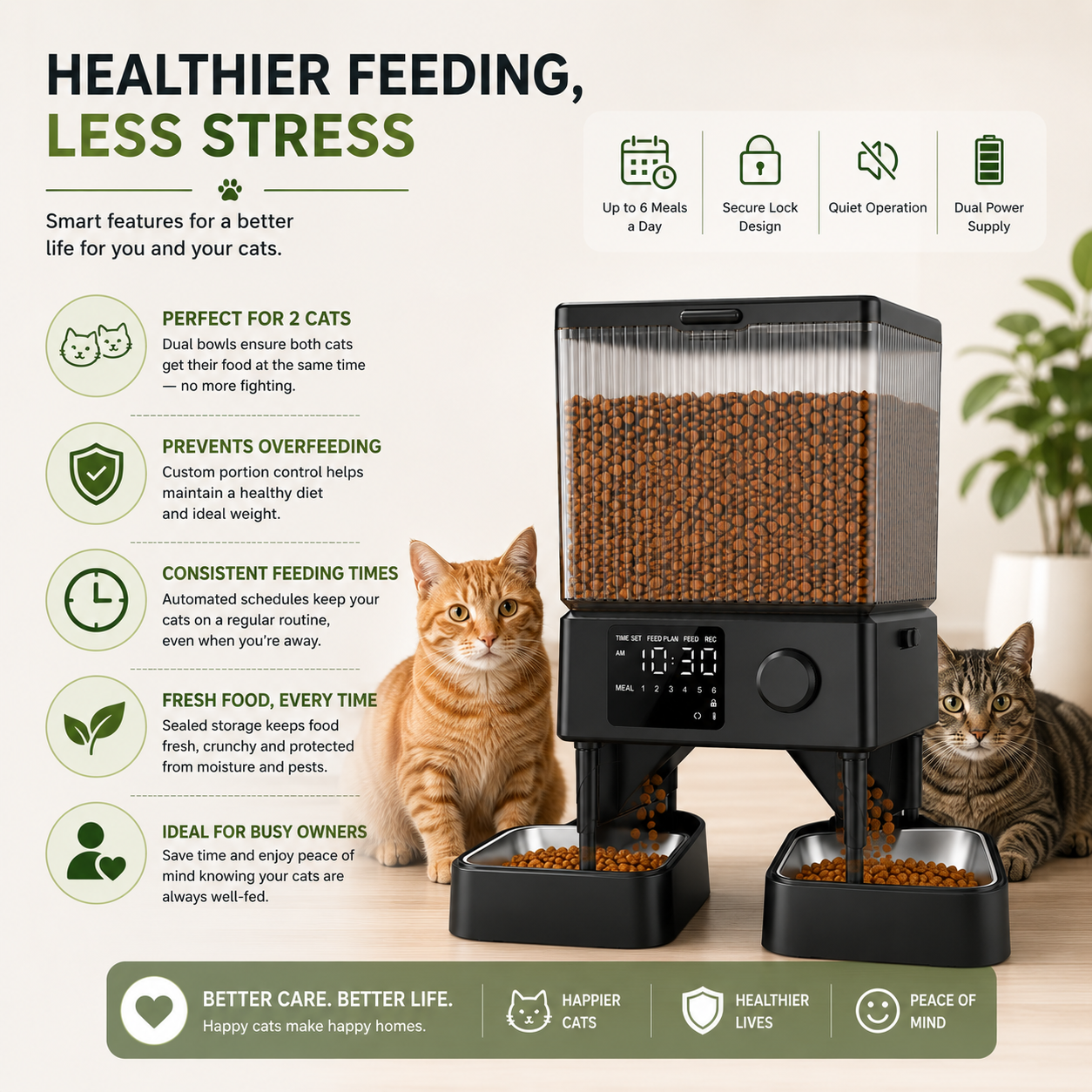 Automatic Cat Feeder for 2 Cats – 5L Timed Food Dispenser with Dual Bowls, Portion Control & Voice Recorder