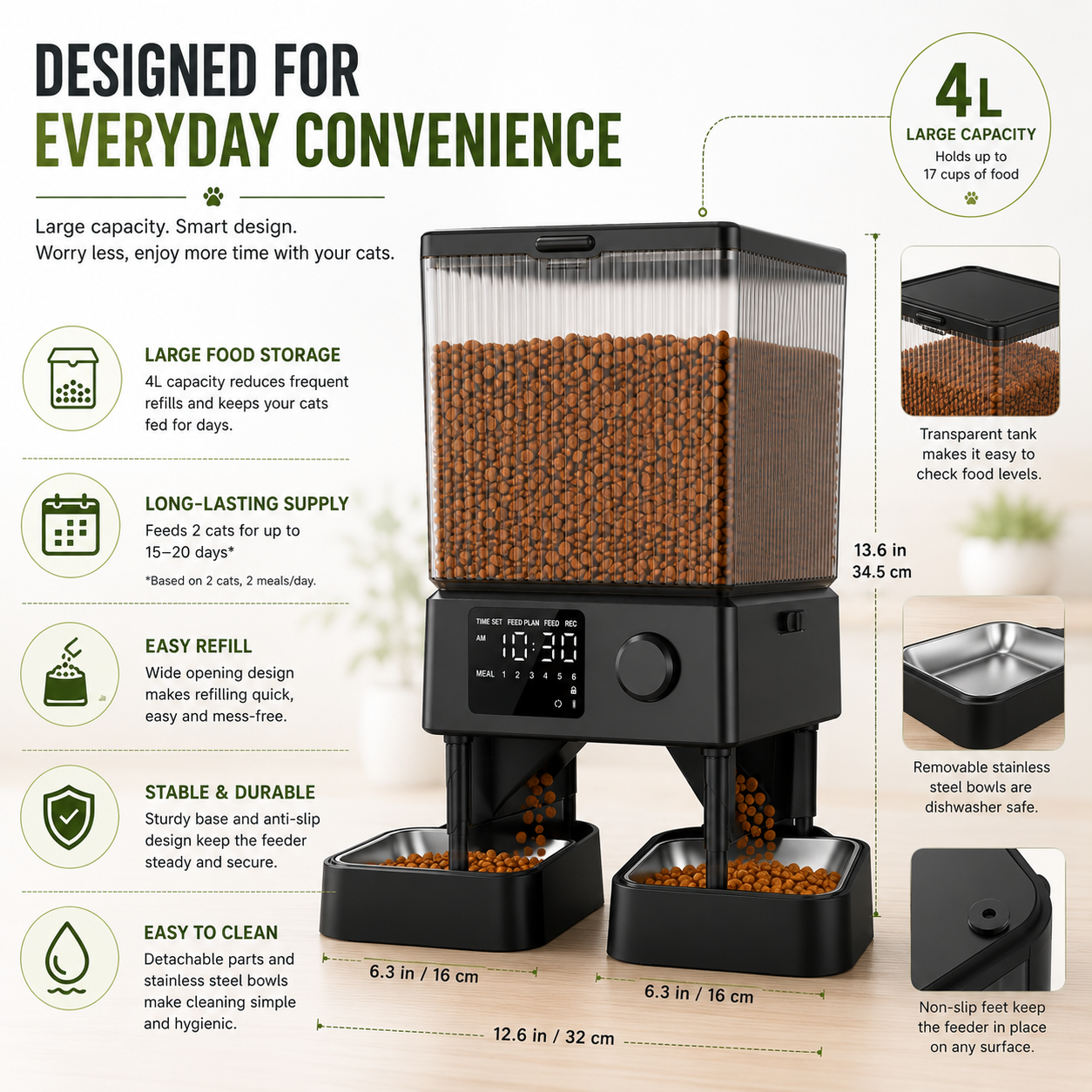 Automatic Cat Feeder for 2 Cats – 5L Timed Food Dispenser with Dual Bowls, Portion Control & Voice Recorder