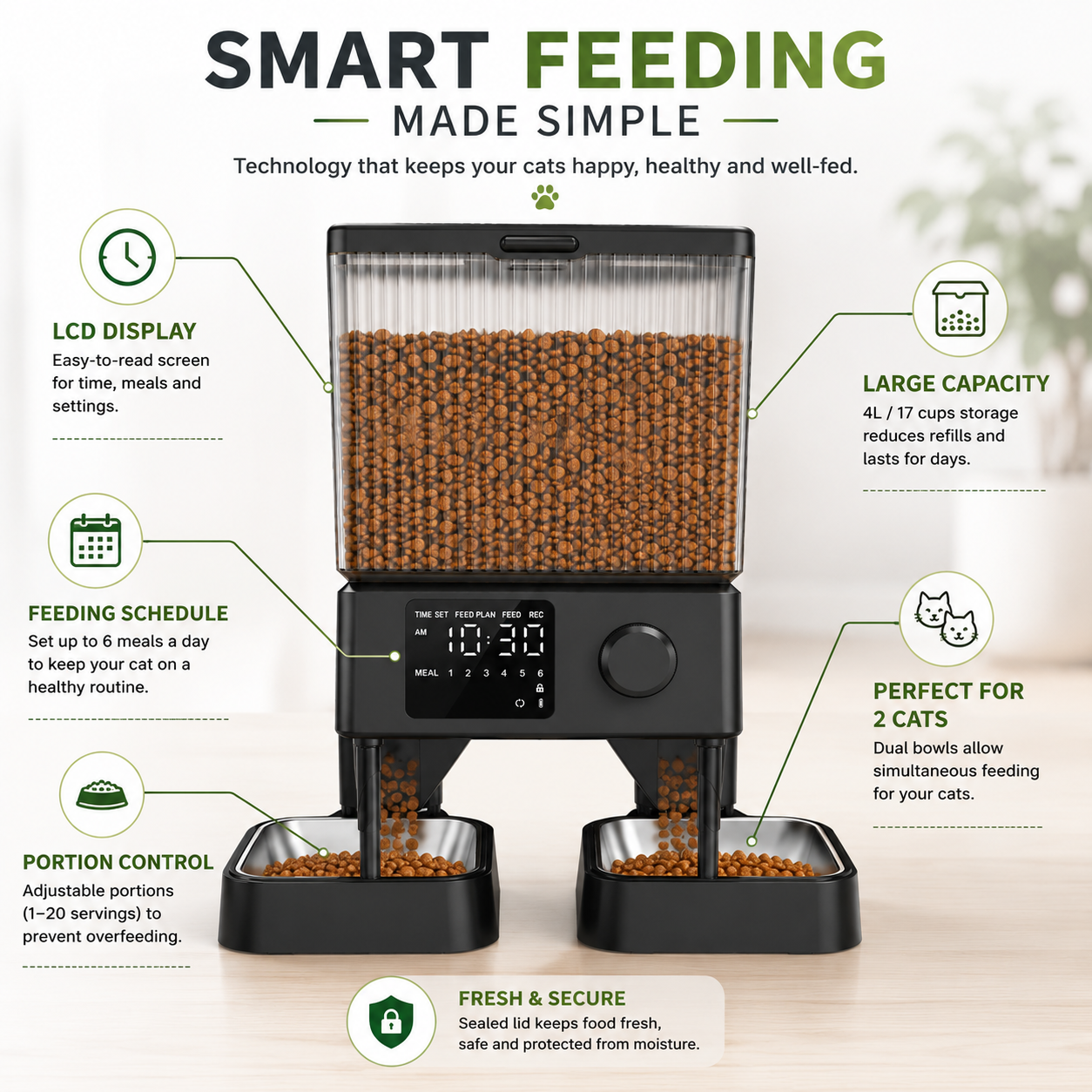 Automatic Cat Feeder for 2 Cats – 5L Timed Food Dispenser with Dual Bowls, Portion Control & Voice Recorder