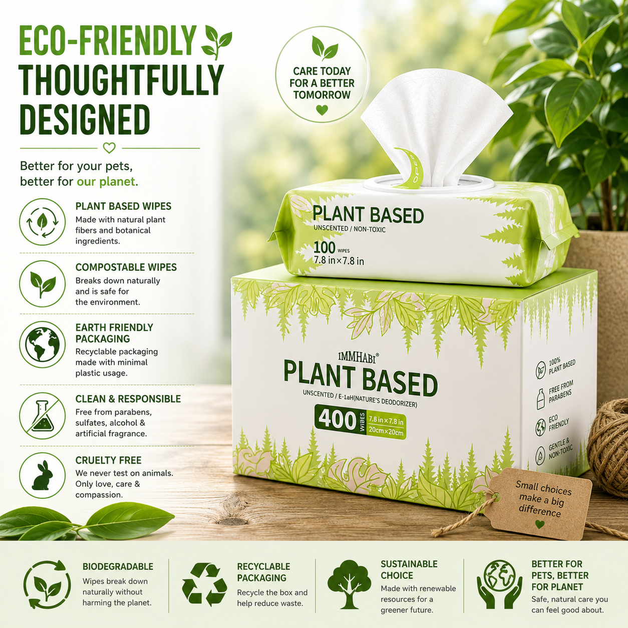 Natural Pet Grooming Wipes for Dogs & Cats | Hypoallergenic & Compostable