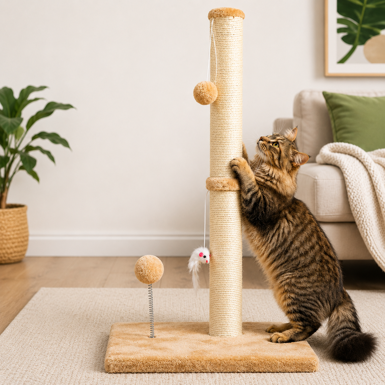 32" Tall Cat Scratching Post with Plush Toys – Heavy-Duty Sisal Scratcher for Indoor Cats, Stable Base & Furniture Protection