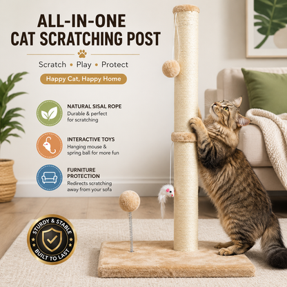32" Tall Cat Scratching Post with Plush Toys – Heavy-Duty Sisal Scratcher for Indoor Cats, Stable Base & Furniture Protection
