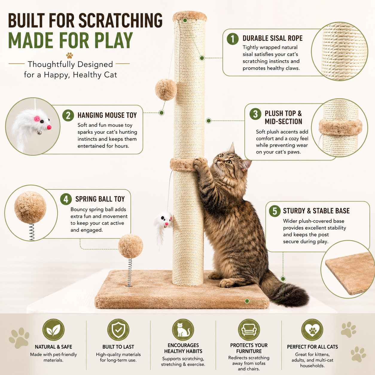 32" Tall Cat Scratching Post with Plush Toys – Heavy-Duty Sisal Scratcher for Indoor Cats, Stable Base & Furniture Protection