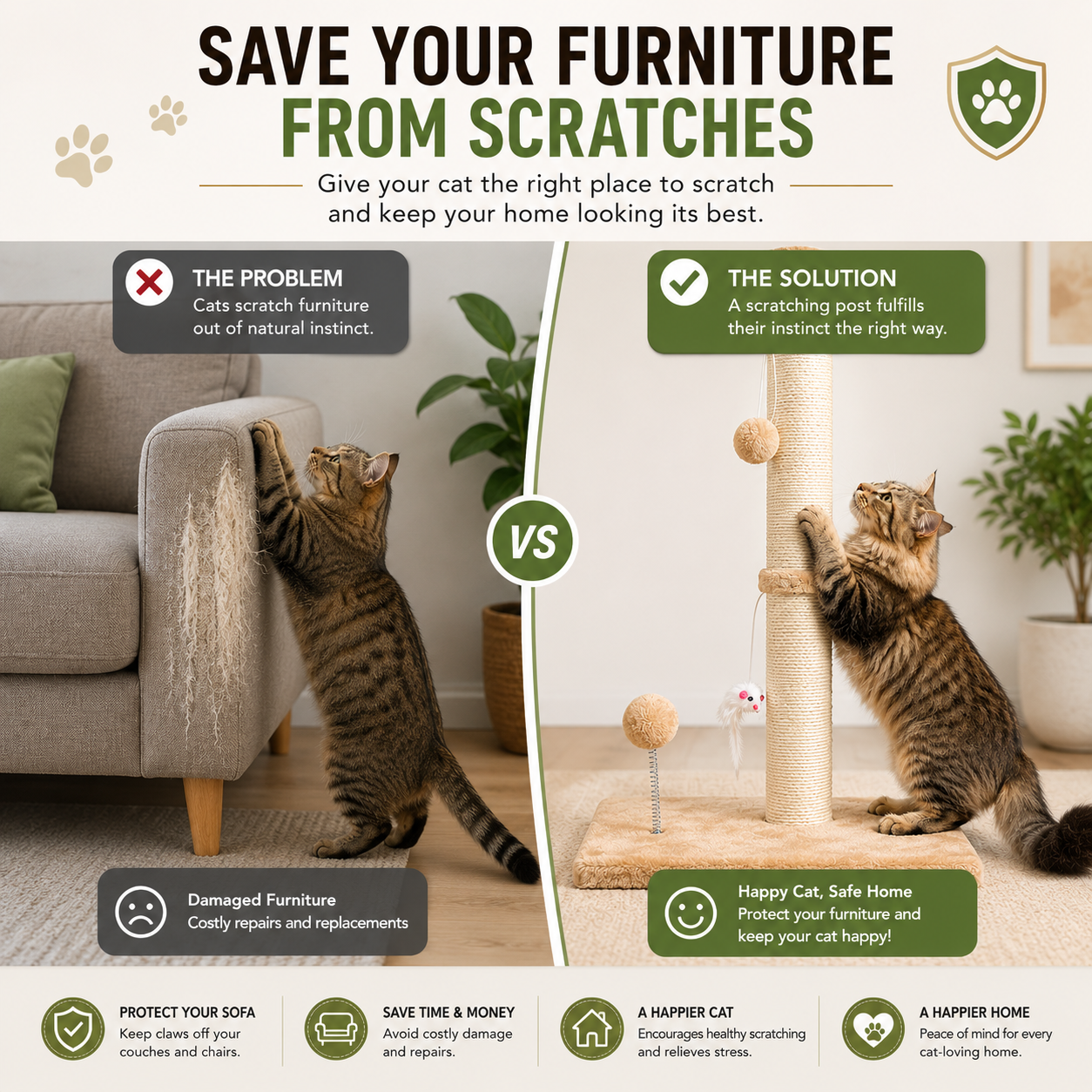 32" Tall Cat Scratching Post with Plush Toys – Heavy-Duty Sisal Scratcher for Indoor Cats, Stable Base & Furniture Protection