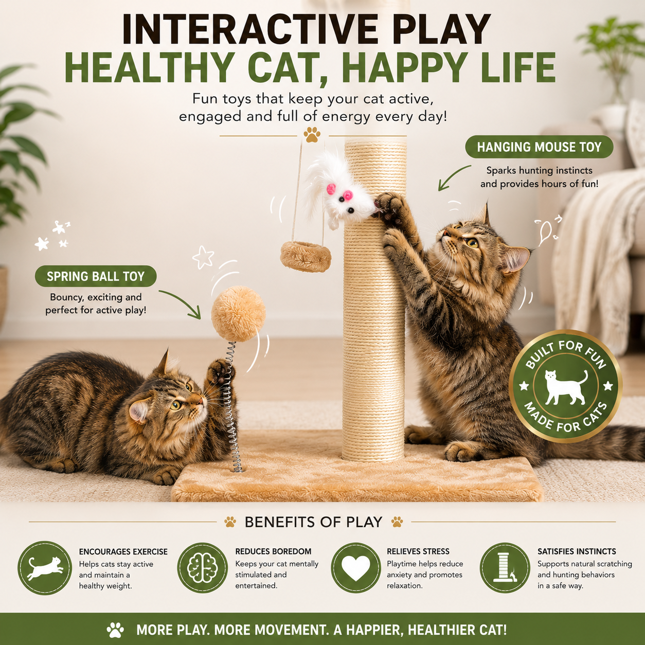 32" Tall Cat Scratching Post with Plush Toys – Heavy-Duty Sisal Scratcher for Indoor Cats, Stable Base & Furniture Protection