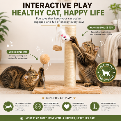 32" Tall Cat Scratching Post with Plush Toys – Heavy-Duty Sisal Scratcher for Indoor Cats, Stable Base & Furniture Protection