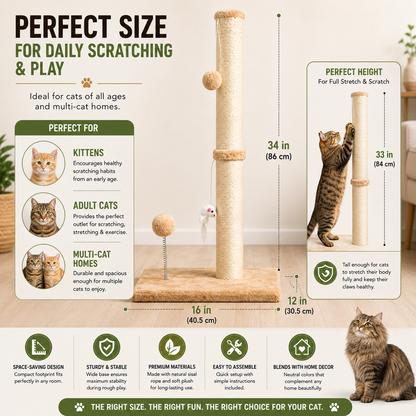 32" Tall Cat Scratching Post with Plush Toys – Heavy-Duty Sisal Scratcher for Indoor Cats, Stable Base & Furniture Protection