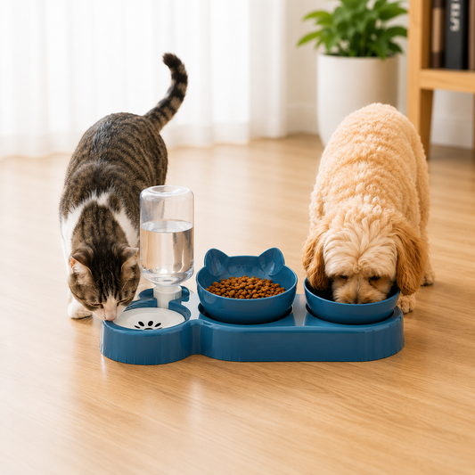 3-in-1 Automatic Cat Feeder & Water Fountain Bowl – Raised Rotatable Double Food Bowls with Automatic Water Dispenser